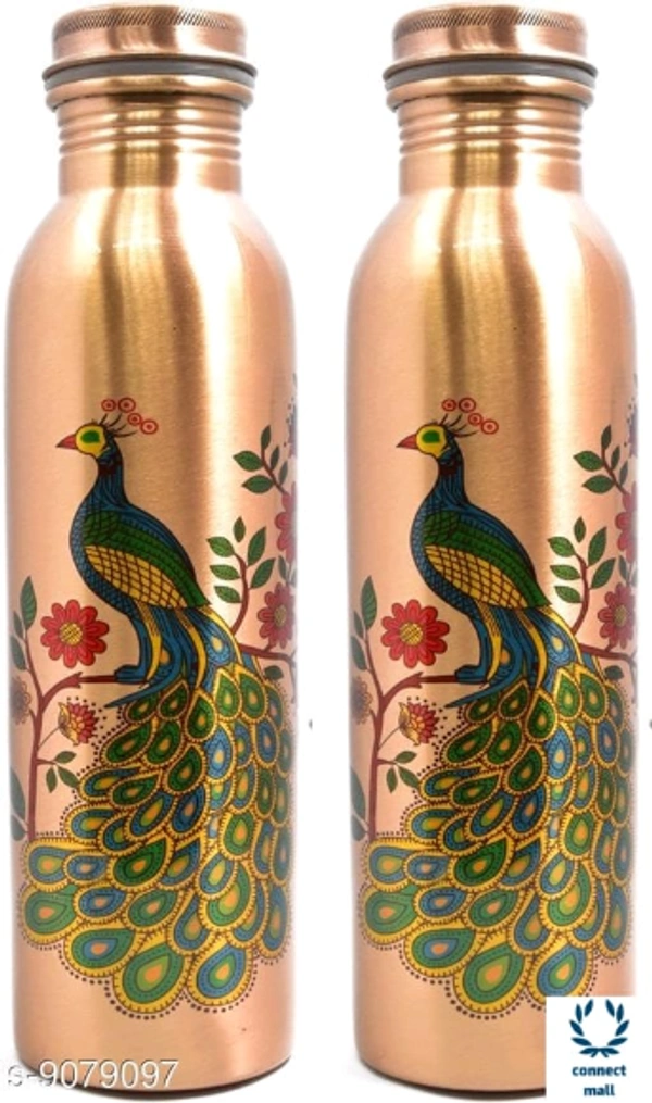 Indipot 100% Pure Copper Bottle With Peacock Print ForAyurvedic Health Benefits